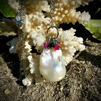 Tourmaline and Baroque Pearl Pendant Necklace, Baroque Pearl Gemstone Collar on Blue Rhodium Steel Necklace
