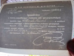 V0006  M.Kir. Honvédelmi Minisztérium - Károly csapatkereszt viselésére -  1941 korabeli facsimile