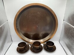 Rézötvözet tálca réz kávéscsészékkel, 30 cm-es tál, 5494