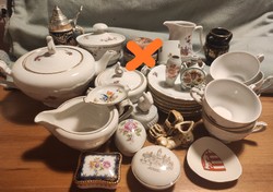 Izgalmas porcelán csomag Herendi Zsolnay Hollóházi Henneberg Aquincum teáskészlet bonbonier stb