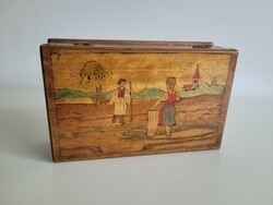 Régi vintage intarziás népi fa doboz