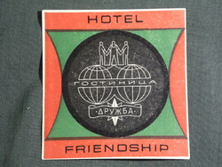 Reklám bőrönd címke, Szovjetunió, Barátság Hotel szálloda, 1960-