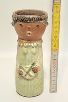 "Kiss Roóz" Kiss Roóz Ilona jelzett, zöld, fehér mázas dobos lány kerámia figura (3064)