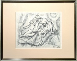 Derkovits Gyula (1894-1934) erotikus litográfia keretezve - 1920-as évek, naturalista grafika