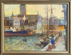 100x80cm ! Eugen Reich Münsterberg ( 1866-1942) Hamburgi kikötő 1920 körül EREDETI GARANCIÁVAL !!