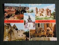 Képeslap, Eger,mozaik, Dobó I. szobor,Bazilika,vár múzeum,Minaret,látkép,részletek, 1977-