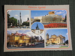 Képeslap, Eger,mozaik, Dobó I. szobor,Bazilika,Hotel,Minaret,látkép,részletek, 1990-