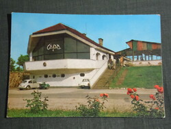 Képeslap, Gárdony, cápa vendéglő,étterem látkép,parkoló részlet,autó,motor,1971-