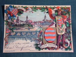 Képeslap,Győr, reprodukció, város,utca látkép,részlet, országzászló, címer,1990-