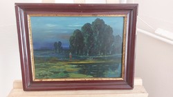 (K) Tájképfestmény apró alakkal Baky szignóval 40x31 cm kerettel