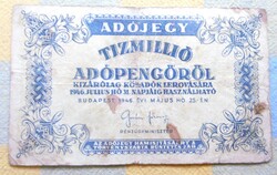 Bankjegyek Adójegy - 10 Millió Adópengő  T-2-3