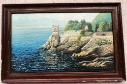Gropallo Tower Genoa Nervi. Realista fekvő tájkép sziklás tengerparttal, szignálva