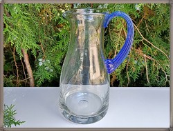 Large Cut Antique Glass Jug with Patterned Material and Dark Blue Handle