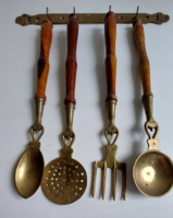 Antik,vintage 5 db-os patinás réz,fanyeles konyhai tálaló készlet,szett,fali dísz,BPS OVERSEAS INDIA