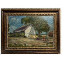 Pap Géza (1883-1961) Tanya - pazar színvilágú életkép impozáns keretben /számlát adunk hozzá/