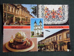 Képeslap, Kalocsa,mozaik,tanácsháza,presszó,püspőki palota,népviselet látkép,részlet, 1977-
