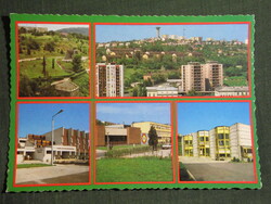 Képeslap, Komló,mozaik,iskola,SZTK rendelő,kultúrház látkép,részlet, 1987-