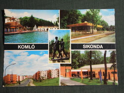 Postcard, Komló Sikonda ,bath,beach, pioneer camp restaurant,miner statue view, detail, 1977-