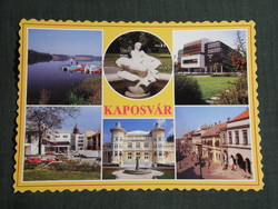 Képeslap,Kaposvár,mozaik,tanácsháza,színház,Főutca,szökőkút,horgásztó látkép,részlet, 1990-