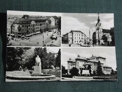 Képeslap, Kaposvár Rippl Rónai szobor,színház,Korona hotel,Kossuth tér látkép,részlet, 1961-