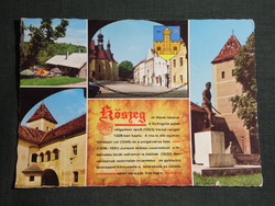 Képeslap,Kőszeg,mozaik,Hősök kapuja,Királyvölgyi vendéglő,Jurisics vár,tér,szobor,részlet, 1977-