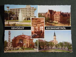Képeslap, Kecskemét,mozaik,Széchenyi tér,színház,tanácsháza,templom,szálló látkép,részlet, 1970-