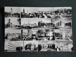 Képeslap, Kecskemét,mozaik,Főtér,zsinagóga,színház,tanácsháza,szálló,áruház,gimnázium, 1967-