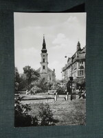 Képeslap, Kecskemét, Főtér, áruház,üzletek,templom látkép,park, szökőkút részlet, 1960-