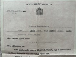 Magyar Kir. Belügyminisztérium névváltoztatás csendőr részére 1940