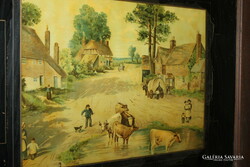 Antique Biedermeier Glass Painting - Genre Scene - Large Size in Thick Heavy Wooden Frame