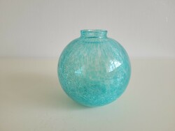 Retro Karcagi Berekfürdői repesztett türkiz fátyolüveg mid century gömb üveg váza