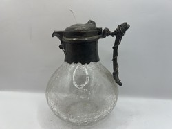 Régi metszett üveg kancsó, ezüst fedéllel, 14 x 10 cm-es. 6910