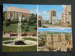 Képeslap, Miskolc,mozaik,Diósgyőr vár,Avasi templom,szökőkút,lakótelep látkép, részlet, 1971-