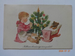 Régi, retró grafikus karácsonyi üdvözlő képeslap, postatiszta - Demjén Zsuzsa rajz