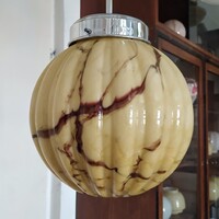 Art deco - Streamline nikkelezett mennyezeti lámpa felújítva - zöld márványozott búra