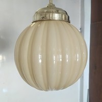 Art deco - Streamline réz mennyezeti lámpa felújítva - nagy méretű, bordázott vajszínű búra