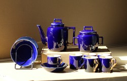 Art Deco kék mázas fajansz porcelán teáskészlet kanna csésze