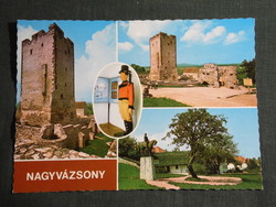 Képeslap, Nagyvázsony,mozaik Kinizsi vár,szobor,múzeum,bástya látkép,részlet, 1977-