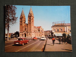 Képeslap, Nyíregyháza,Kossuth tér,templom,Centrum áruház,autó látkép,részlet ,1977-