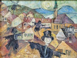 Szigethy István (1891 - 1966) A Madárijesztők bejönnek a faluba  ( Zebegény?) Eredeti Garanciával !
