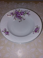 Gyönyörű ibolyás, gyöngyös fali tányér, porcelán dísz tányér, zöld széllel, 2db