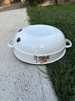 Hollóházi Enamel Flower Pattern Serving Bowl, Rustic Decor Nostalgia Piece