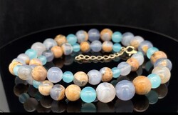 • Cheerful, Agate gemstone necklace, 925 silver, with 14k gold-plated clasp - new