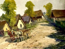 NÉMETH GYÖRGY  Falusi jelent Lovas kocsi a tanya sorban Eredeti festmény ..