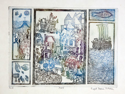 Engel Tevan István (1936-1996) Noé | 30x35cm Noé Bárkája PNY Trenderli Dreidel Hanuka Menóra