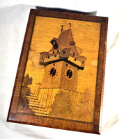 GRAZ ÓRATORONY ... XX. SZ ELSŐ FELE NAGYMÉRETŰ BELÜL CÍMERES INTARZIÁS FA DOBOZ