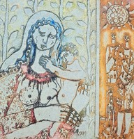 Fajka János: Szeretet - különleges, meghitt grafika, zománcfestékkel színezve - anyaság
