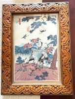 Régi Japán selyem festmény eredeti keretében, antik