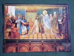 Képeslap,Pécs, Székesegyház,Dóm,templom belső,Szt. Mór megkoronázza I. Endrét falfestmény, 2001-