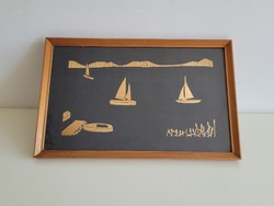 Régi retro Balatoni szalmakép 49 cm kép vitorlás csónak nádas mid century fali dísz